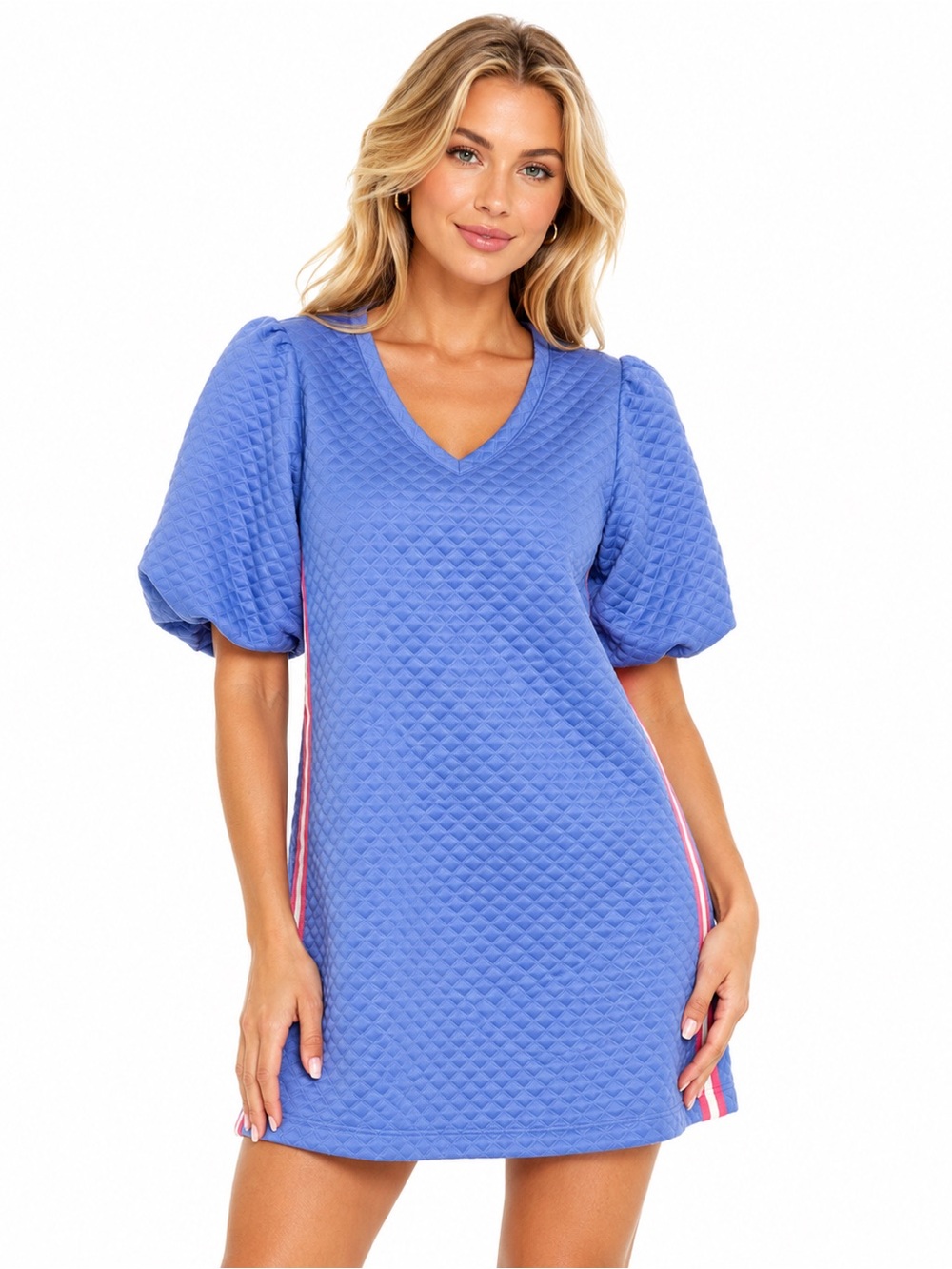 NWT Mary Square Blue Puff-Sleeve Quilted Boutique Dress with Pink Stripe